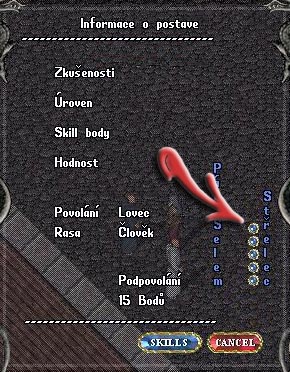 Exp menu otvorené s počtom bodov podpovolania